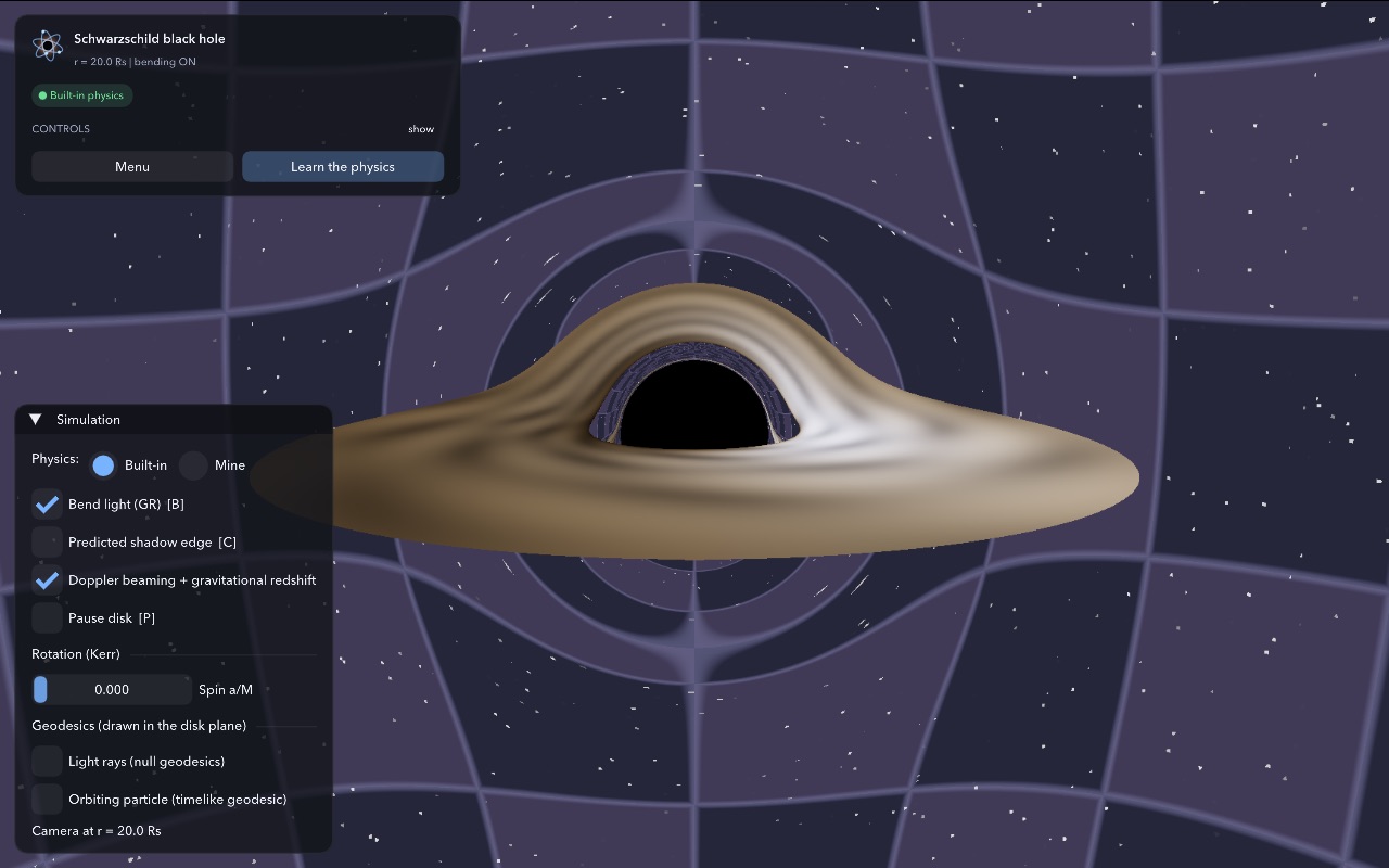 A black hole bending the light of the grid behind it.