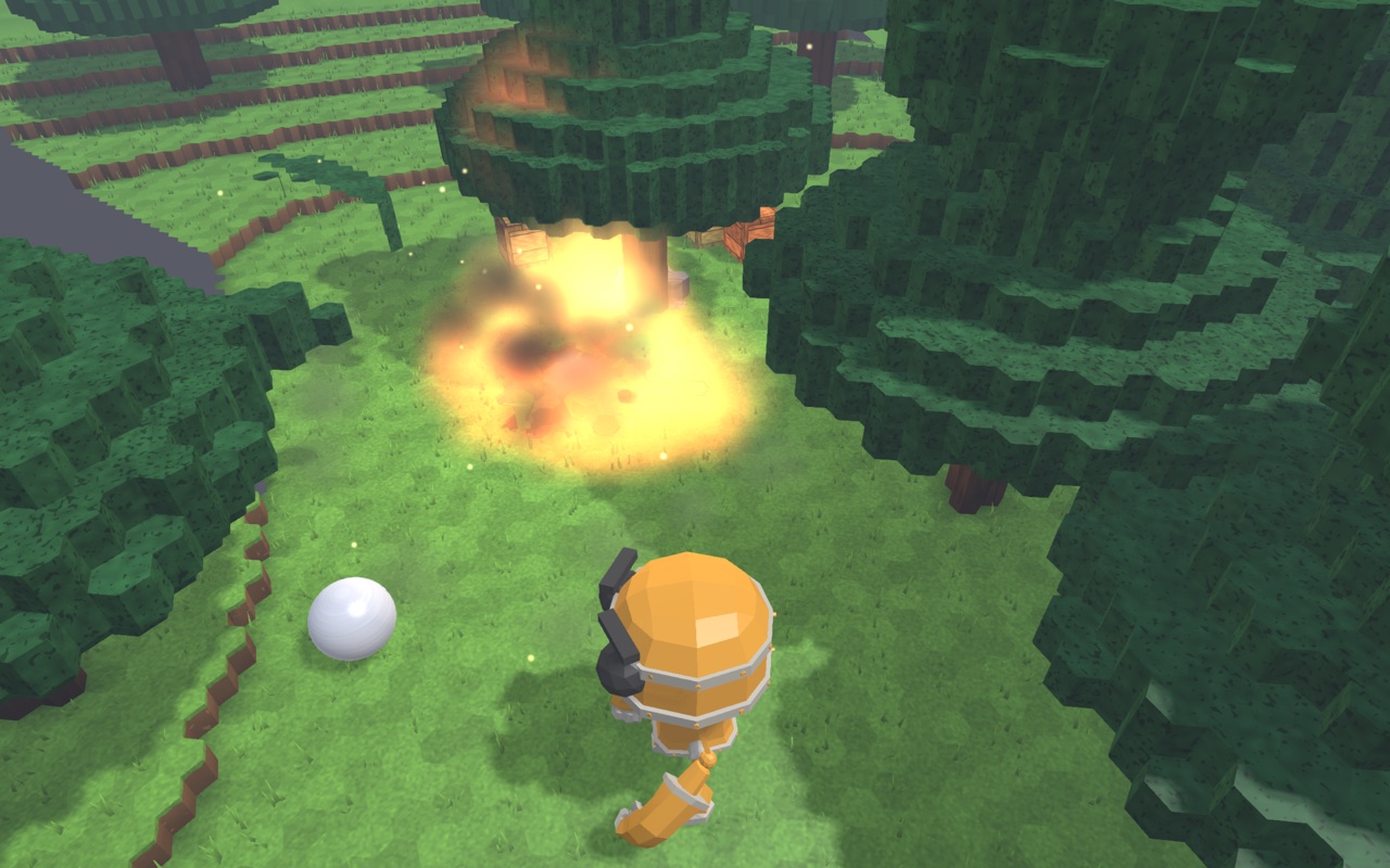 An explosion lighting up the trees beside a robot in a voxel forest.