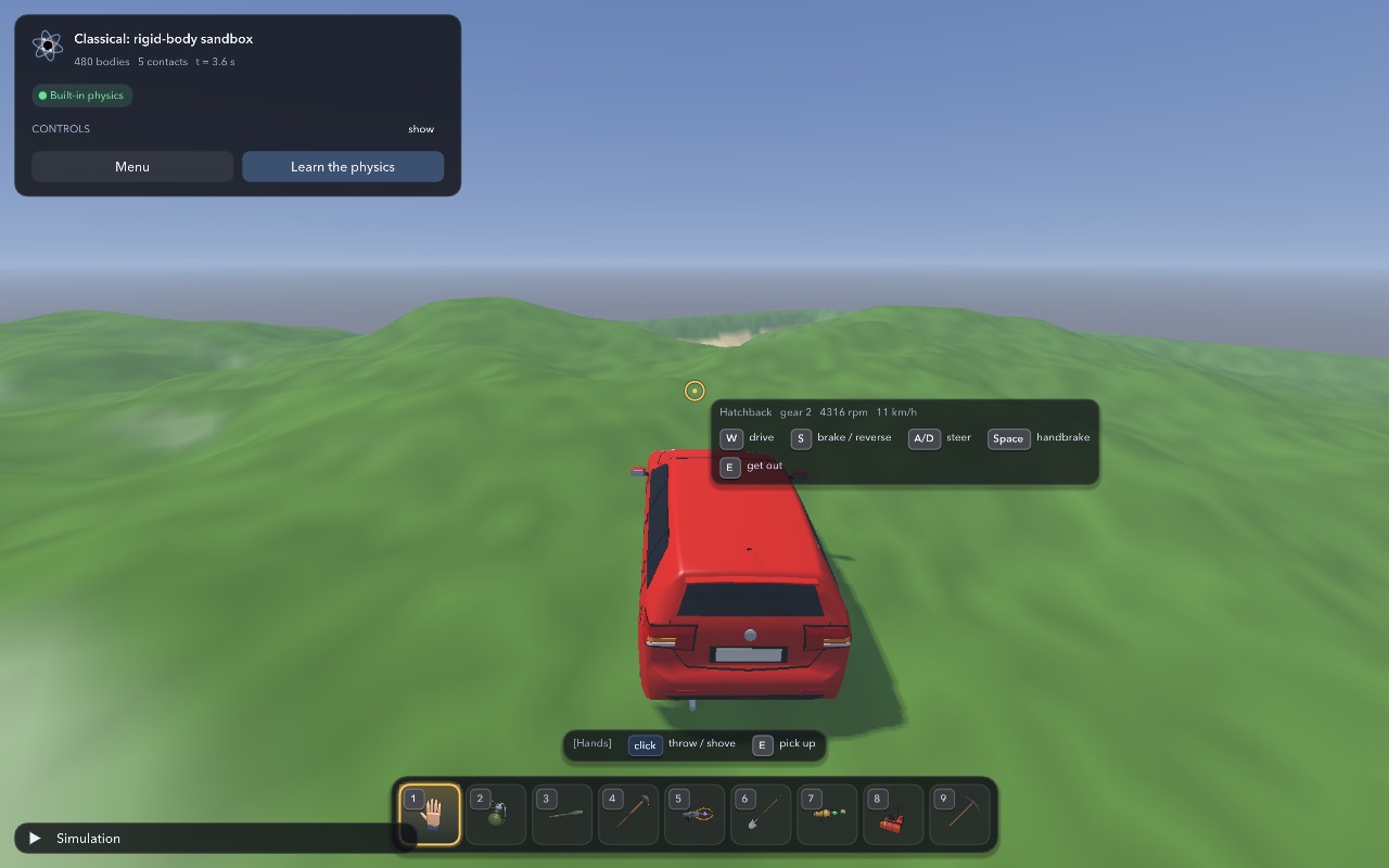 A red hatchback driving across green hills.