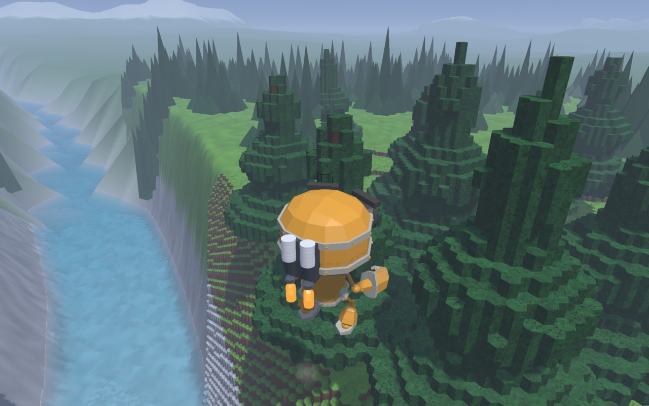 A robot flying a jetpack over a river canyon and a pine forest.