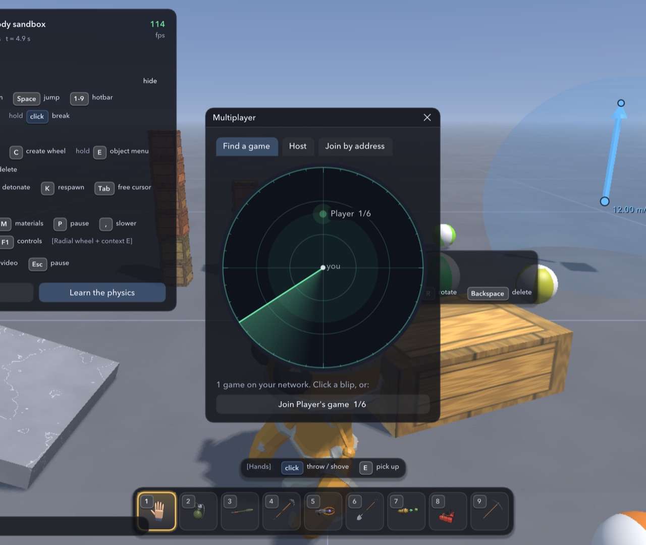 The Multiplayer window: a radar scope with a sweep, and a blip labelled with a host's name and player count.
