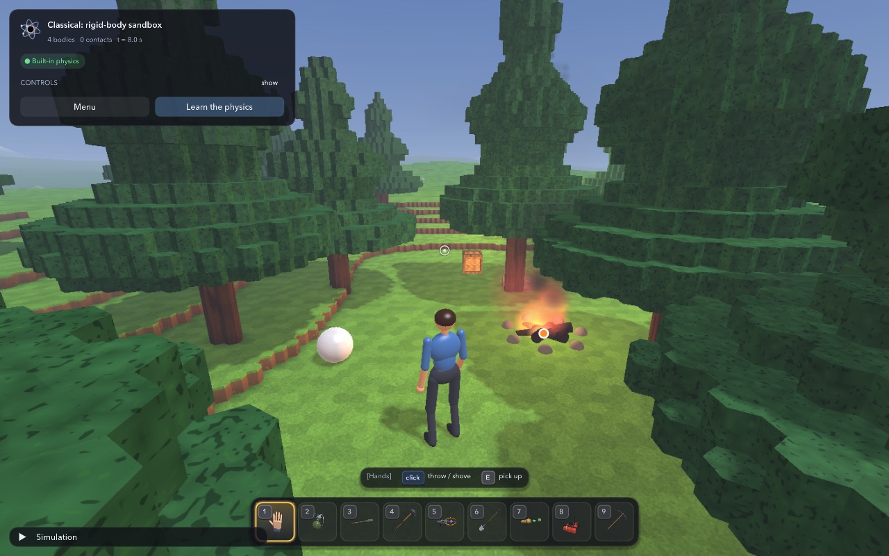 The sandbox: a character standing by a campfire in a forest made of blocks.