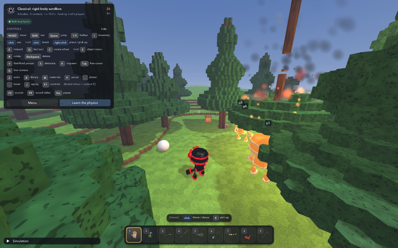 Several players' characters in a burning forest, each with a name over their head.
